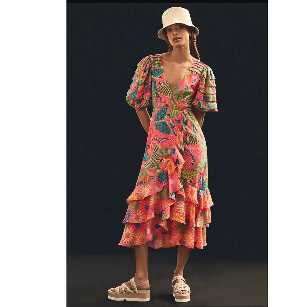 NWT Anthropologie Farm Rio Macaw Ruffled Wrap Dress $250 XS SMALL Coral